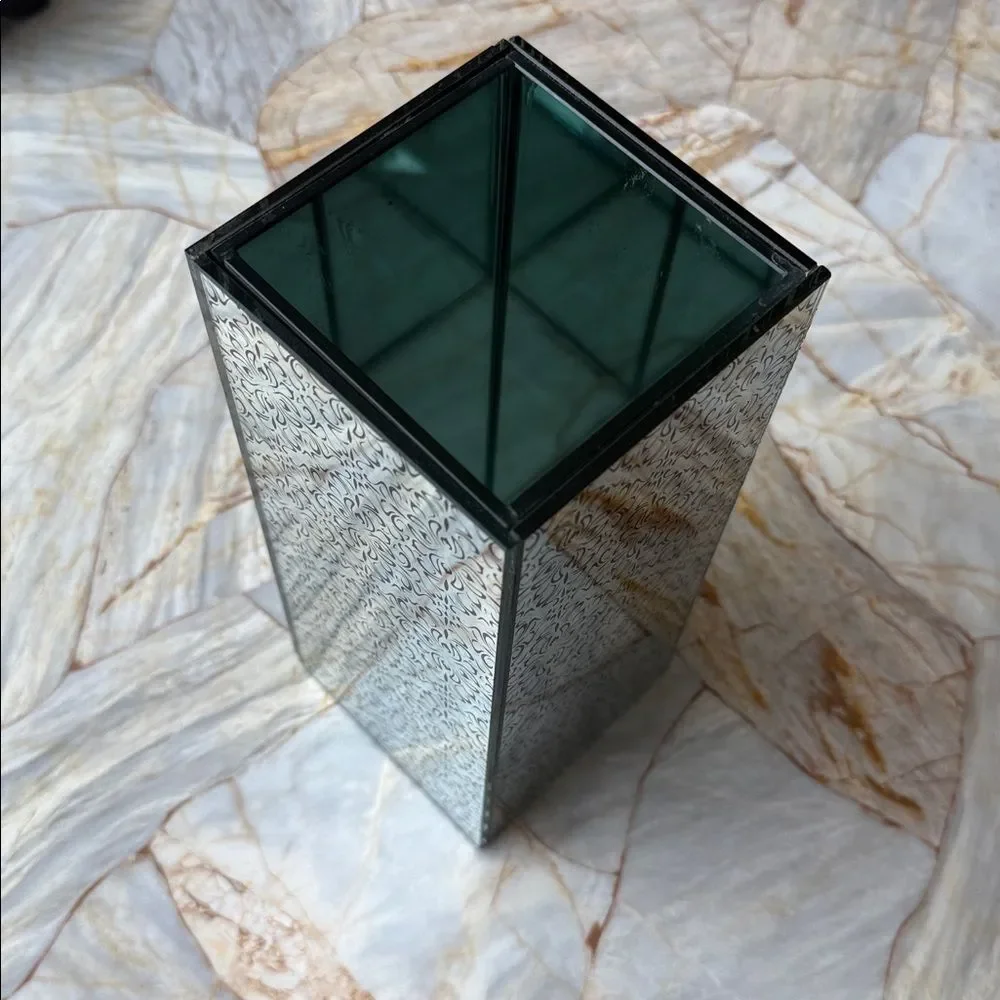 Mirrored Damask Filigree Glass Vase Rectangular Column Silver Black 10 Inch